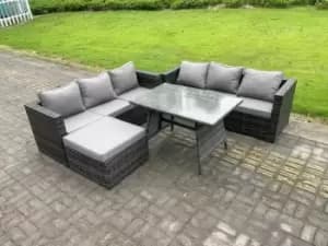 Fimous 6 Seater Outdoor Dark Grey Rattan Lounge Complete Sofa Set with Oblong Dining Table and Big Footstool