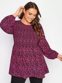 Yours Long Sleeve Shirred Top Pink Floral, Pink, Size 18, Women