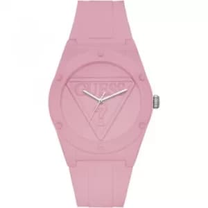 GUESS Retro Pop pink silicone watch with pink logo dial.