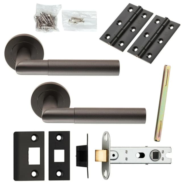 Loops Door Handle & Latch Pack Matt Black Knurled Mitred Lever Screwless Round Rose Black