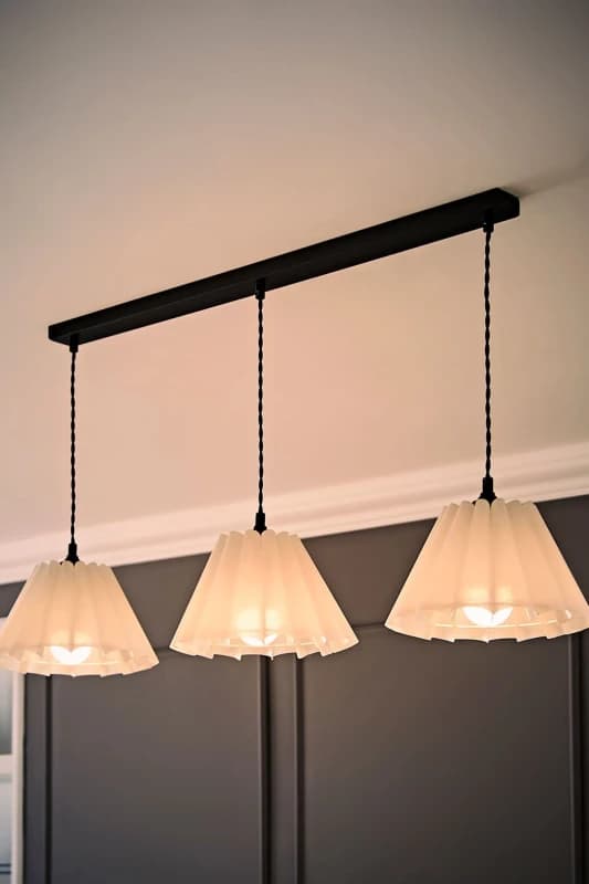 ValueLights Lauren White Pleated 3 Drop Bar Matte Black Diner Ceiling Pendant Light with Bulbs White Unisex