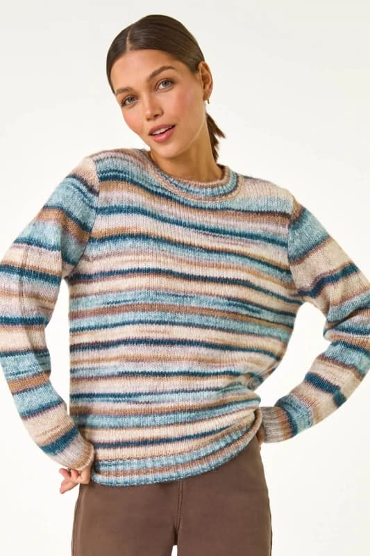 Roman Womens Wool Blend Striped Stretch Jumper in Blue Size: 12 Blue Female 12