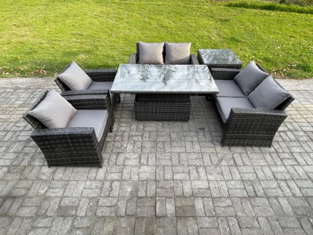 Fimous Rattan Garden Furniture Sets 6 Seater Patio Outdoor Rising Lifting Table Sofa Set with Double Seat Sofa Side Table in Dark Grey Dark Grey Unise