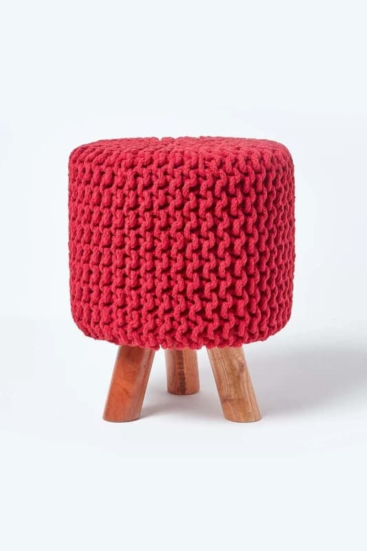 Homescapes Red Tall Cotton Knitted Footstool On Legs