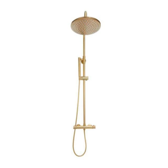 Scudo Apres Brushed Brass Twin Head Rigid Riser Shower Kit Thermostatic
