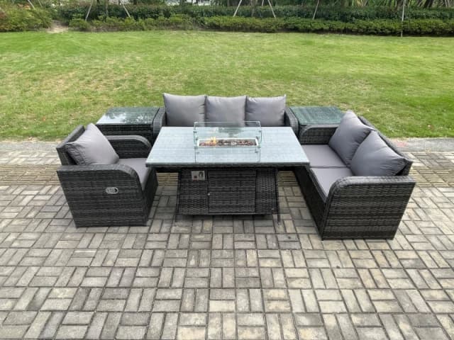 Fimous Garden Patio Furniture Wicker Rattan Gas Fire Pit Table and Sofa Chair set with 2 Side Tables Dark Grey
