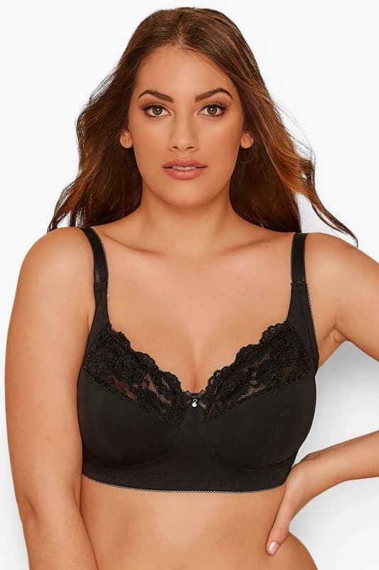 Yours Womens Non-Wired Cotton Bra With Lace Trim in Black Size: 40C Black Female 40C