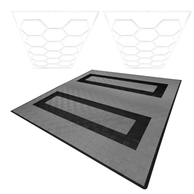 Monstershop Hexagon LED Lights x 2 & Vented Garage Floor Tiles With Edges - 165 Grey & 60 Black Grey
