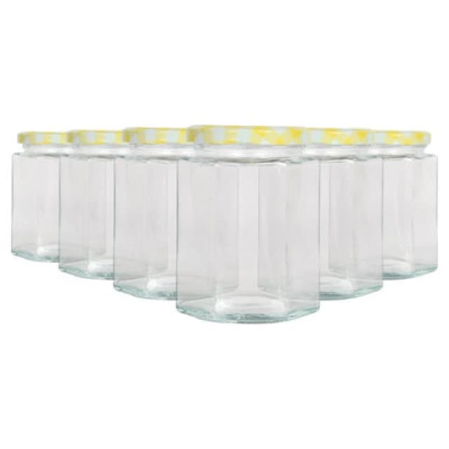 Argon Tableware Hexagonal Glass Jam Jars With Yellow Gingham Lids - 250ml - Pack Of 6