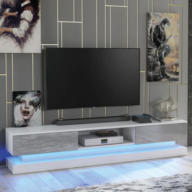 Mex Furniture LTD TV Unit with LED Lighting & Gloss Doors / 180cm in Light Grey Light Grey Unisex