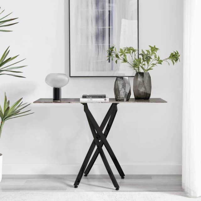 FurnitureboxUK Leonardo Rectangular Marble Effect Glass Top Console Table With Black Metal Starburst Legs in Grey Grey Unisex
