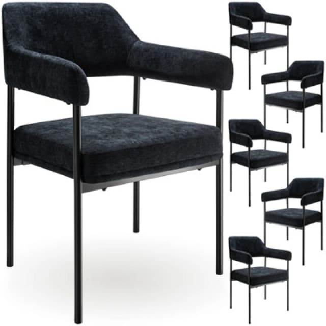 Tectake Set Of 6 Armchair Doe - Durable Fabric, Black Powder-Coated Legs, 120 Kg Load, 58 X 62 X 85cm - Woven Fabric Black/black
