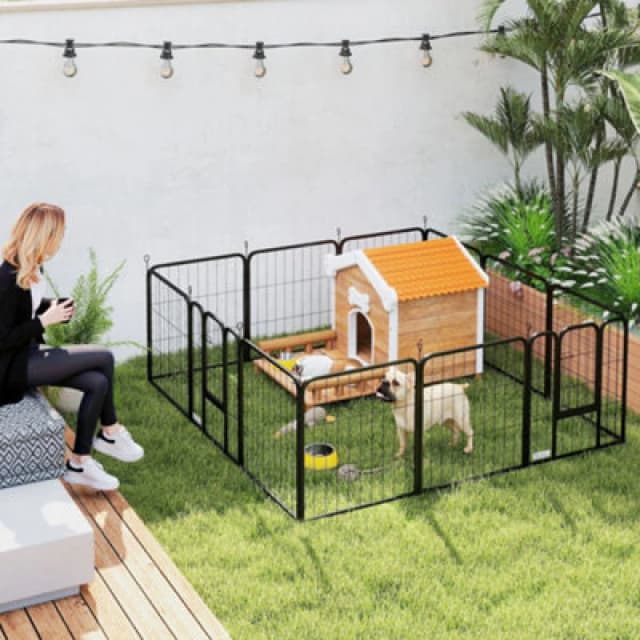 PawHut Dog Pen, 12 Panels Puppy Pen for Small Dogs, 60cm High, Black Black