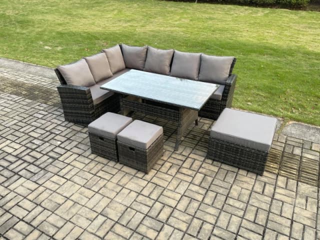 Fimous 9 Seater Garden Rattan Furniture Corner Dining Set with 3 Footstools Indoor Outdoor Lounge Sofa Set Dark Grey Mixed Dark Grey Unisex