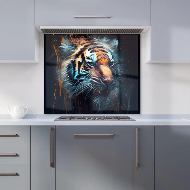 Warren Reed - Designer Tiger Face Splashart Dark Background Kitchen Splashback in Brown Size: 600mm x 750mm Brown Unisex 600mm x 750mm