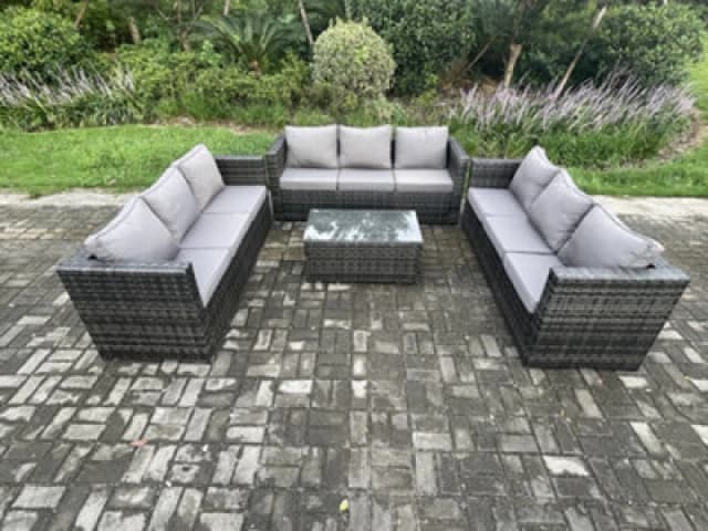 Fimous Outdoor Lounge Sofa Set Wicker PE Rattan Garden Furniture Set with Oblong Coffee Table Dark Grey Mixed Dark Grey