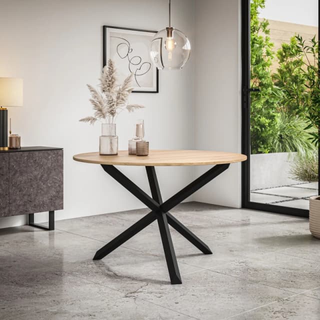 More4Homes Malvern Round Dining Table Oak Effect Table Top W Solid Black Oak Legs