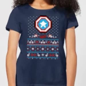 Marvel Avengers Captain America Pixel Art Womens Christmas T-Shirt - Navy - L