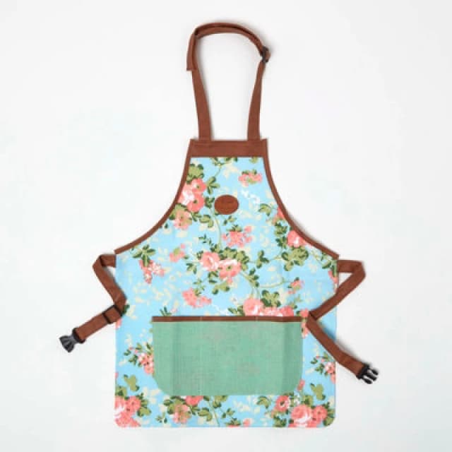 Homescapes Blue and Pink Gardening Apron with Floral Rose Design Blue unisex