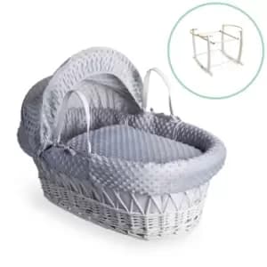 Clair de Lune Dimple White Wicker Moses Basket in Grey & White Deluxe Rocking Stand - Grey