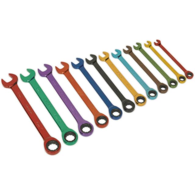 Loops 12pc MULTI COLOUR Combination Ratchet Spanner Kit - Hardened Metric Socket Ring Multi