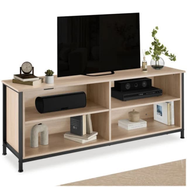 Tectake TV Stand Navan - 4 Open Compartments, 2 Adjustable Shelves, 4 Cable Cutouts 147cm - Industrial Wood Light, Oak Sonoma
