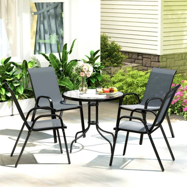 Outsunny 5 PCs Garden Furniture Set, Round Table and Stackable Chairs, Grey Pale Grey