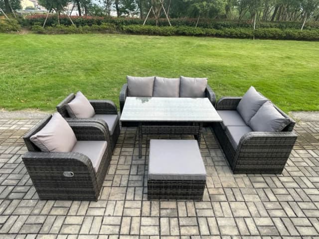 Fimous Dark Grey PE Wicker Rattan Garden Furniture Set Reclining Chair Love Sofa 2 Seater Sofa Set Outdoor Rectangular Dining Table Big Stools Dark Gr