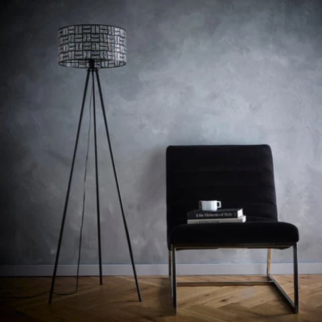 K LIVING Bronx Black Modern Tripod Floor Lamp with Acrylic Glass Drum Shade Black