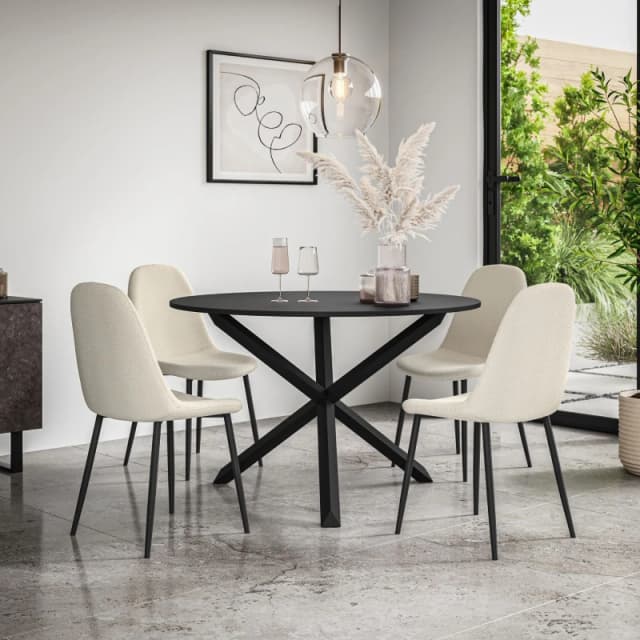 More4Homes Malvern Round Dining Table And Chairs - Black Table Top W Solid Oak Black Legs + Maya Boucle Dining Chair Set Of 4 (Ivory White)
