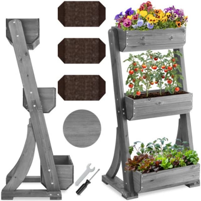 Tectake Vertical Planter Flora In A Rustic Wooden Design With 3 To 5 Tiers And Plant Fleece Included 60 X 49 X 140 Cm - Grey