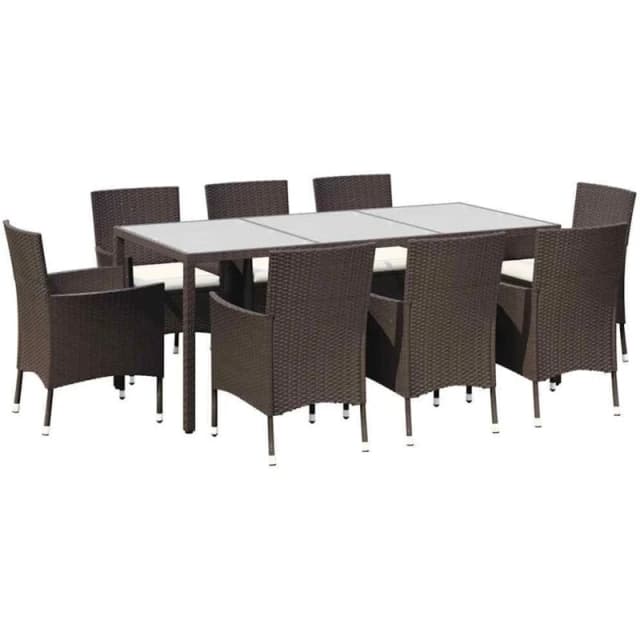 VIDAXL 9 Piece Garden Dining Set with Cushions Brown Poly Rattan Vidaxl 8720845859756