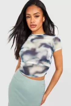 Printed Mesh Cap Sleeve Ruched Side Top