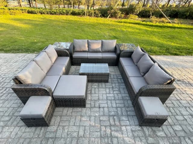Fimous Rattan Lounge Sofa Set 12 Seater Outdoor Garden Furniture Set with Rectangular Coffee Table 3 Seater Sofa 2 Side Tables 3 Footstools Dark Grey