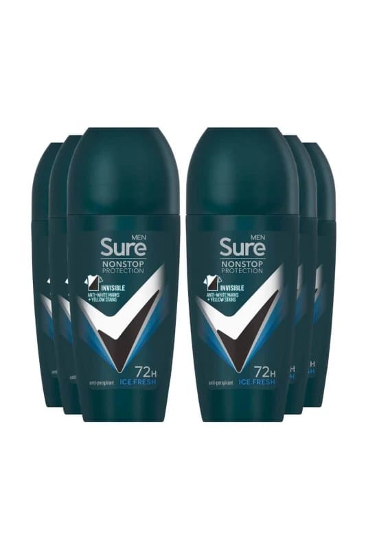 Sure Men 'Anti-Perspirant Roll On' 72H Nonstop Protection Ice Fresh, 6x50ml White male