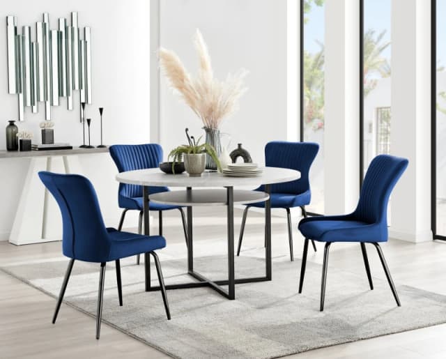 FurnitureboxUK FurnitureboxUK Adley Grey Concrete Effect Round Dining Table & 4 Nora Black Leg Velvet Chairs in Blue Blue One Size Unisex 505654268471