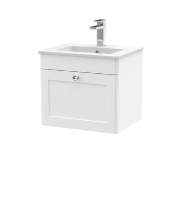 Nuie Classique Wall Hung 1 Drawer Vanity Unit & Minimalist Ceramic Basin, Sink Vanity Unit In Satin White With White Basin