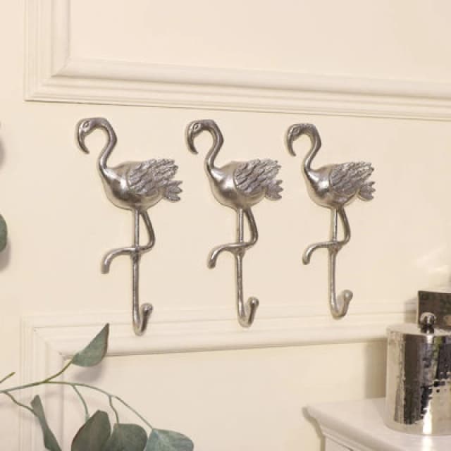 Melody Maison Set Of 3 Silver Flamingo Wall Hooks Metallic Silver