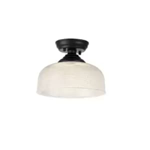Dresden Flush Ceiling Lamp E27 With Round 26.5cm Prismatic Effect Glass Shade Matt Black, Clear