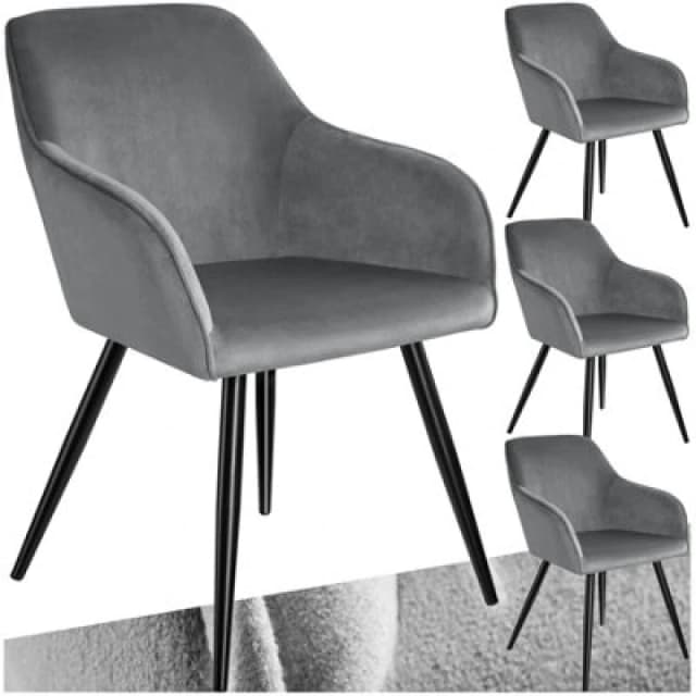 Tectake Set Of 4 Dining Chair Marilyn - With Armrests, Padded, Velvet Look, Black Steel Legs - Grey/black