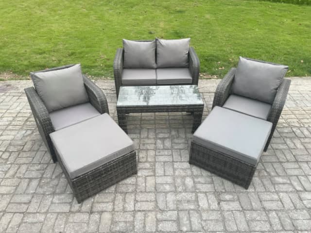 Fimous 6 Seater Rattan Wicker Garden Furniture Patio Conservatory Sofa Set with Rectangular Coffee Table Reclining Chair Love Sofa 2 Big Footstool Dar