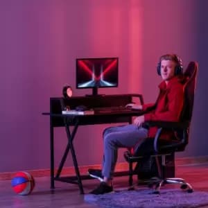 HOMCOM Racing Gaming Desk Carbon Fiber Style Computer Table with Elevated Monitor Shelf, Headphone Hook and Cup Holder, Black