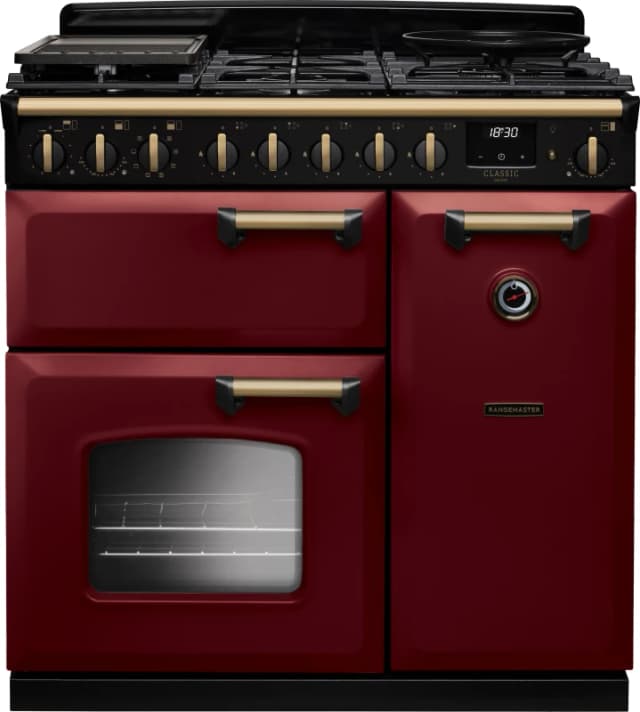 Rangemaster Classic Deluxe 90 CLDL90DFPBOR/AB1 90cm wide Dual Fuel Range Cooker with Gas Hob - Bordeaux / Chrome - A Rated