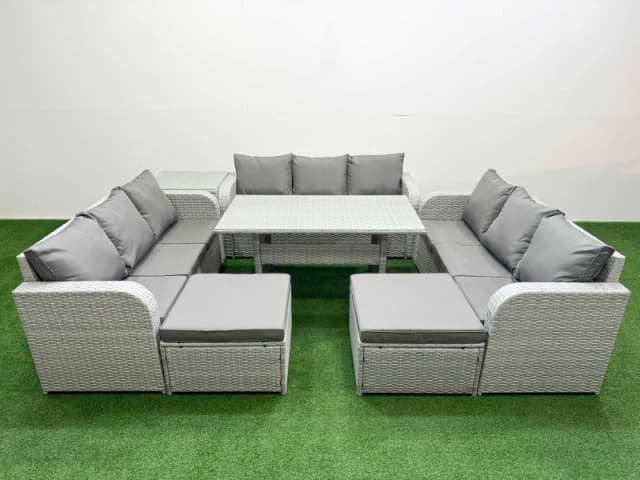 Fimous PE Rattan Lounge Sofa Set 11 Seater Outdoor Garden Furniture Set with Rectangular Dining Table 3 Seater Sofa 2 Big Footstools Side Table Light