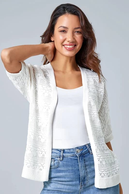 Roman Womens Stitch Detail Knit Cardigan in Ivory Size: 18 Ivory Female 18