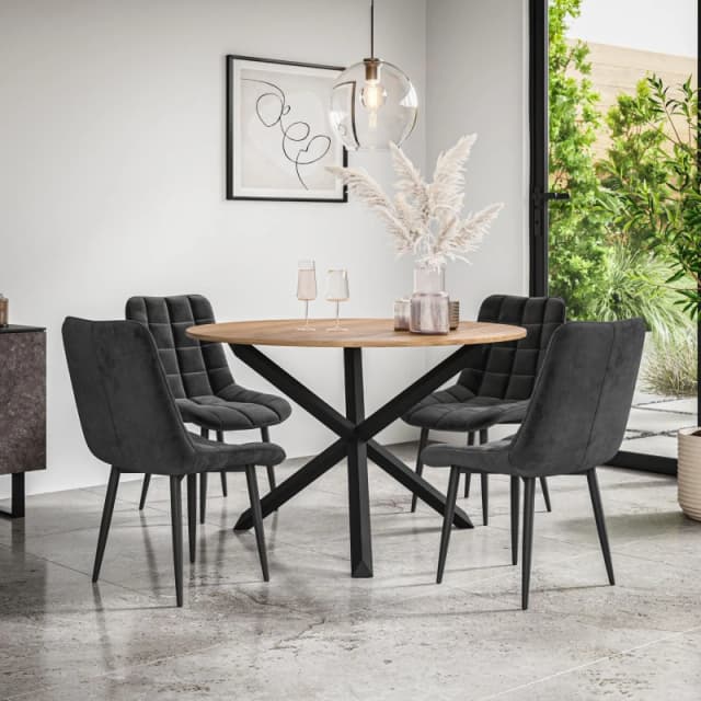 More4Homes Malvern Round Dining Table And Chairs - Oak Table Top W Solid Black Oak Legs + Nova Velvet Dining Chair Set Of 4 (Black)