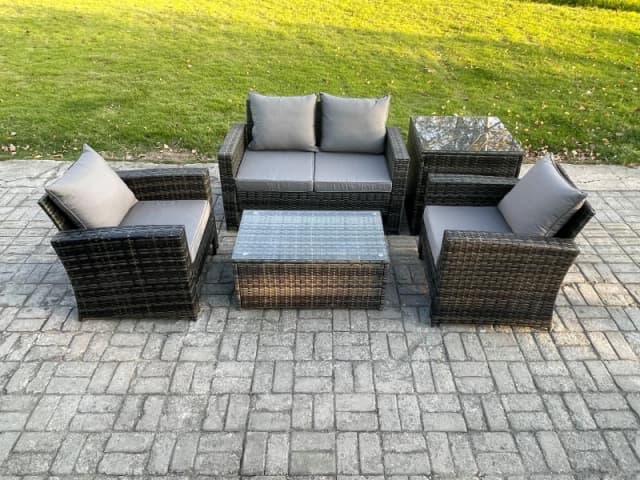 Fimous Outdoor Lounge Sofa Set Wicker PE Rattan Garden Furniture Set with Coffee Table Double Seat Sofa Side Table in Dark Grey Dark Grey Unisex