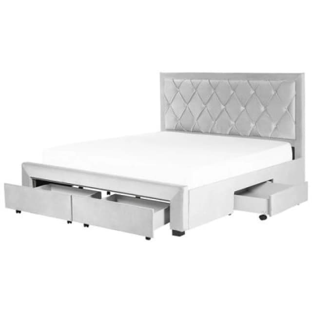 Beliani Bed With Storage Drawers Velvet Lievin 180 X 200 Cm (Eu Super King) Light Grey
