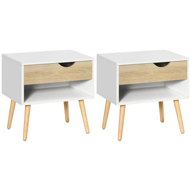 HOMCOM Set of 2 Bedside Table with Drawer & Shelf - Nightstand for Bedroom TJ Hughes White 5061025073405