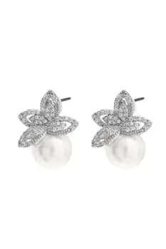 Silver Cubic Zirconia Leaf Stud Earrings